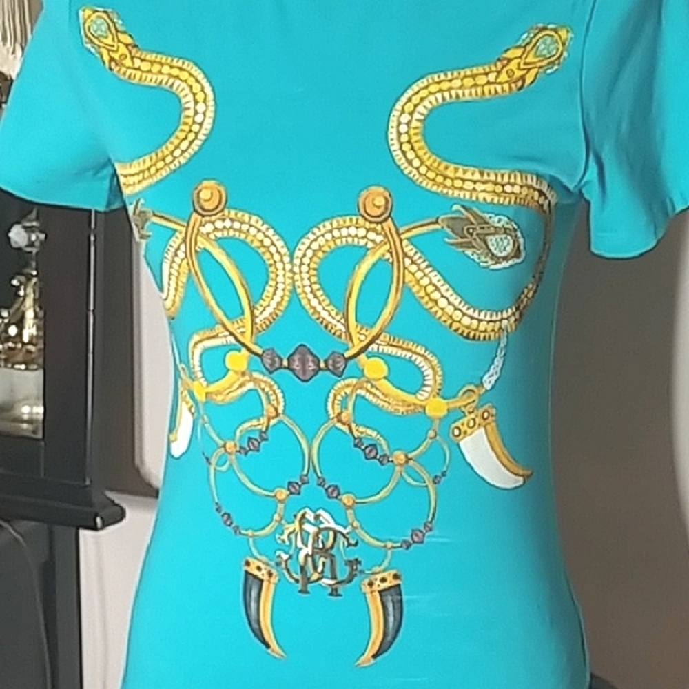 Roberto Cavalli Turquoise Fitted Graphic Short Sleeve Tee, Serpent & Jewels,NWOT - Picture 2 of 6